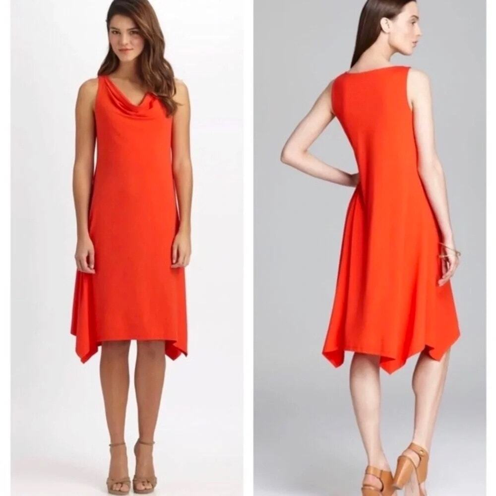 Eileen Fisher Firefly Cowl Neck Asymmetric Dress PP Petite Rayon Jersey Red